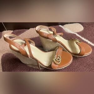 Gucci Brown Wedge Sandals with Gold Accents